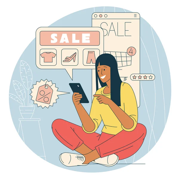 Mladá Chytrá Žena Nakupuje Online Kupující Pomocí Chytrého Telefonu Provádět — Stockový vektor