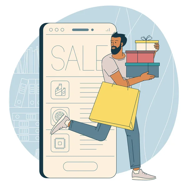 Mladý Chytrý Muž Online Nakupování Spěch Kupující Pomocí Chytrého Telefonu — Stockový vektor