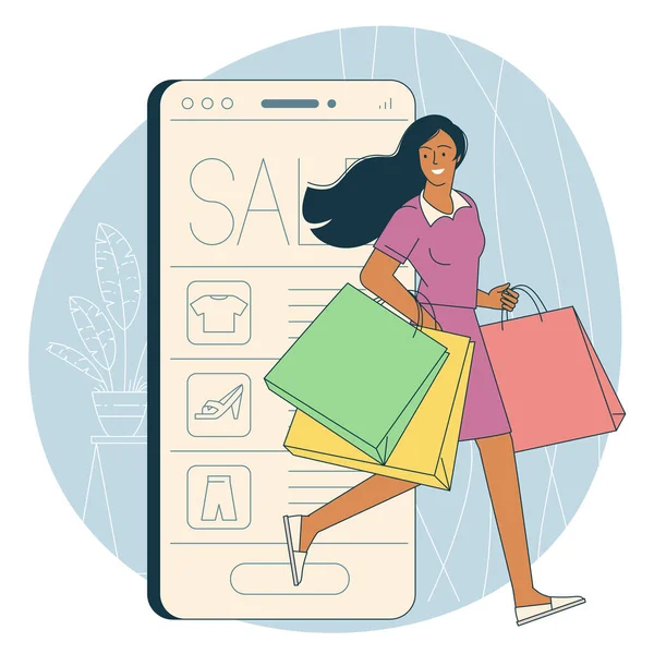 Çevrimiçi Alışverişe Koşan Zeki Genç Bir Kadın Alıcı Satın Alma — Stok Vektör