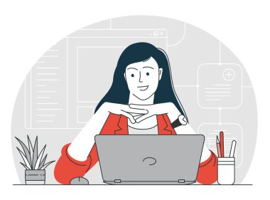 Gülümseyen genç bir kadın yaratıcı bir fikir geliştirir. İş yerindeki ofiste mutlu bir kadın. Yenilik vektörü kavramı.