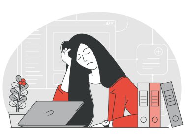Yorgun bir kadın iş yerinde. Ofis masasında çok çalışan bir yönetici..