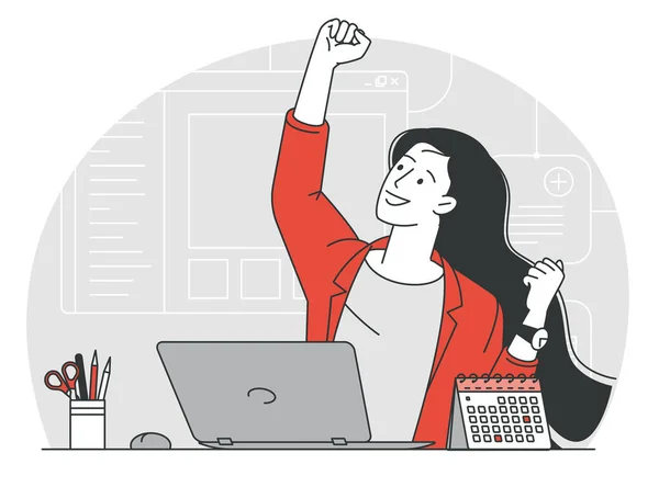 平面细线矢量概念完成任务 女人在笔记本电脑前欢欣鼓舞 经理实现了一个目标 成功的交易和积极的反馈 — 图库矢量图片