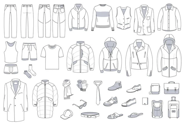男性服やアクセサリーのセット ファッションとスタイルのデザイン要素とアイコンセット 技術的なスイング細い線黒と白のベクトルコレクション — ストックベクタ