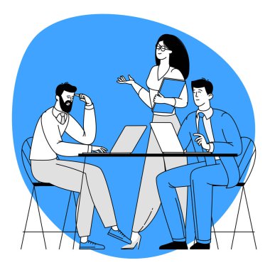 Ofis sahnesi. İş toplantısına katılan erkekler ve kadınlar, müzakere, beyin fırtınası, birbirleriyle konuşmak, ofiste çalışmak. Düz tasarım takım çalışması vektörü kavramı.