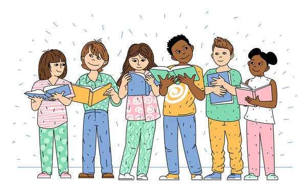 Группа Счастливых Детей Мальчиков Девочек Милые Дети Стоят Вместе Книгами — стоковый вектор