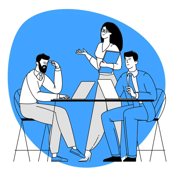 Ofis Sahnesi Toplantısına Katılan Erkekler Kadınlar Müzakere Beyin Fırtınası Birbirleriyle — Stok Vektör