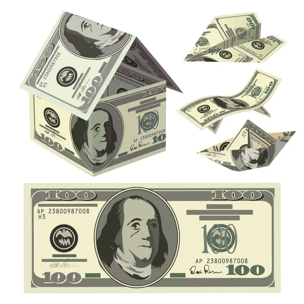 Banconote Cento Dollari Origami Oggetti Set Elementi Concetto Vettoriale Ricchezza — Vettoriale Stock