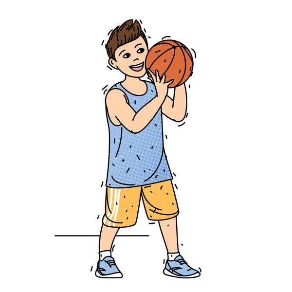 ボールとバスケットボール選手 少年はバスケットボールを指輪に投げ込む スポーツのかわいい子供 ベクターイラスト — ストックベクタ