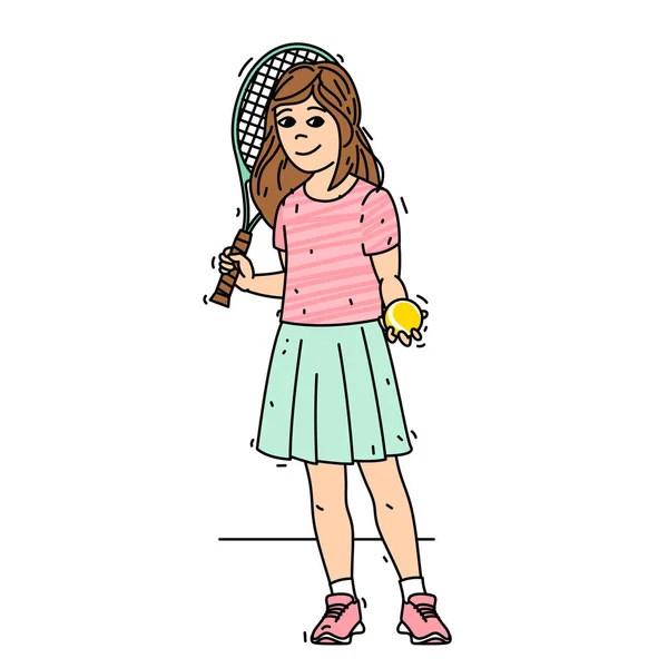 Χαριτωμένο Κοριτσάκι Στέκεται Μια Ρακέτα Τένις Και Μπάλα Έτοιμη Παίξει — Διανυσματικό Αρχείο