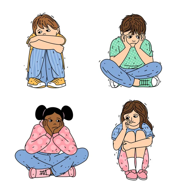 伤心的孩子们的性格设置 男孩和女孩看起来很孤独 一个人坐在那里 一个悲伤 感到伤害和内疚的孩子的形象 — 图库矢量图片