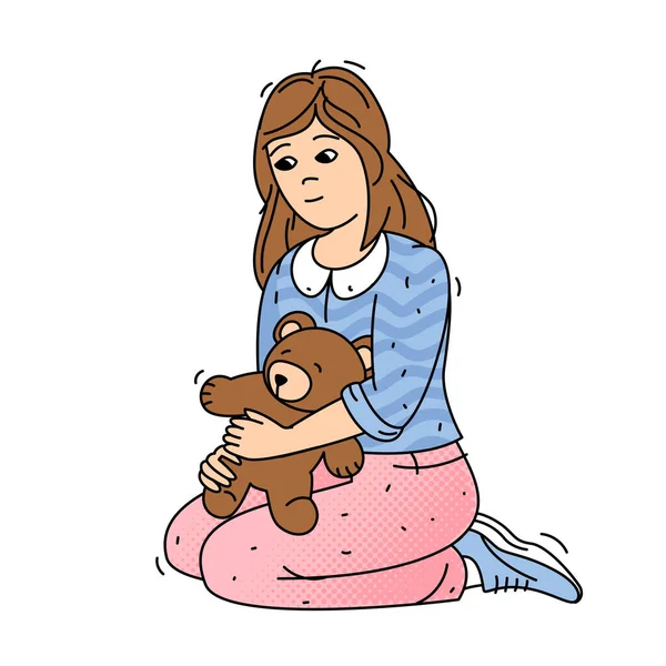 Little Girl Sitting Holding Bear Vector Flat Style Cartoon Illustration — Stock Vector