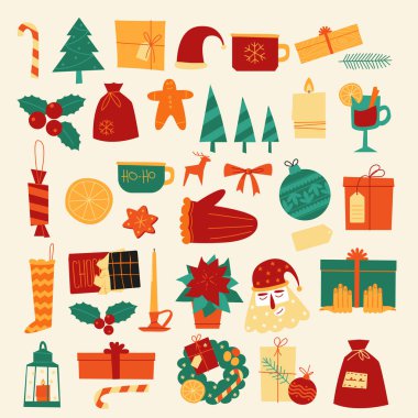 Noel ve Yeni Yıl dekorasyonları ve tasarım elemanı vektörü seti. Düz dizayn hediyeler, yeni yıl ağacı, Noel Baba, Noel mumları ve ışıklar..