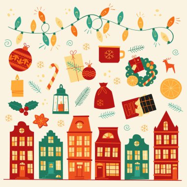 Noel ve Yeni Yıl dekorasyonları ve tasarım elemanı vektörü seti. Düz dizayn hediyeler, yeni yıl ağacı, Noel Baba, Noel mumları ve ışıklar..