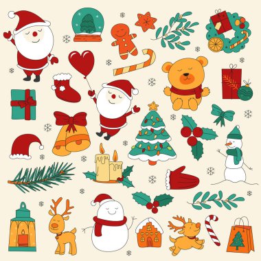 Noel ve Yeni Yıl dekorasyonları ve tasarım elemanı vektörü seti. Düz dizayn hediyeler, yeni yıl ağacı, Noel Baba, Noel mumları ve ışıklar..