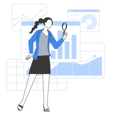 Çevrimiçi veri aranıyor, fırsatlar, iş fikirleri ve insanlar aranıyor. Yönü belirlemek ve ihtimallere bakmak, ileri veri araması. Düz vektör illüstrasyonu.