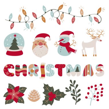 Noel ve Yeni Yıl dekorasyonları ve tasarım elemanı vektörü seti. Düz dizayn hediyeler, yeni yıl ağacı, Noel Baba, Noel mumları ve ışıklar..