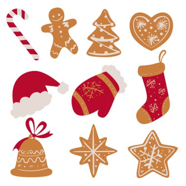 Noel ve Yeni Yıl dekorasyonları ve tasarım elemanı vektörü seti. Düz dizayn hediyeler, yeni yıl ağacı, Noel Baba, Noel mumları ve ışıklar..