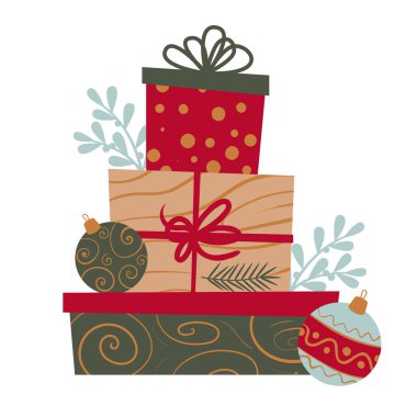 Noel ve Yeni Yıl hediye kutuları. Tebrik kartı çizgi film vektör şablonu.