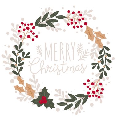 Noel ve Yeni Yıl vektör şablonu. Karanlık ahşap arka planda Noel ağacı dalları, yıldızlar, koniler ve kutsal meyveler..