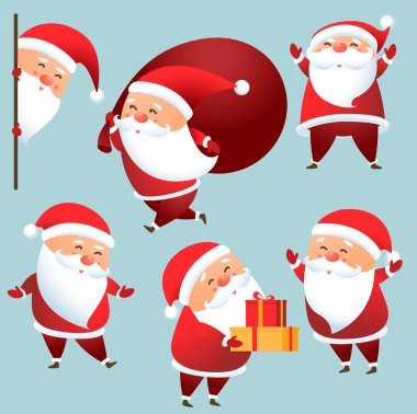 Noel Baba karakterlerinin düz dizayn koleksiyonu. Çeşitli aktiviteler ve pozlar. Yeni Yıl simgesi seti.