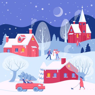 Mutlu Noeller ve mutlu yıllar tebrik kartı, düz tasarım vektör şablonu. İnsanlar kış aktivitelerini ve bayram hazırlıklarını dışarıda yapıyorlar..