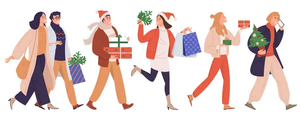 Feliz Navidad Tarjeta Felicitación Con Gente Caminando Apresurándose Para Una Ilustraciones de stock libres de derechos