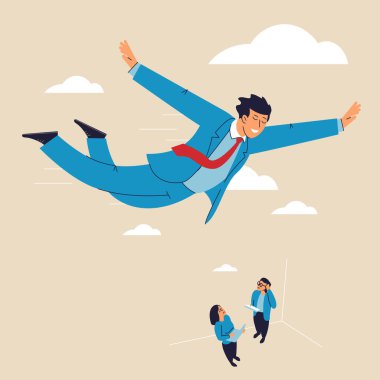 Uçan bir adam, havada süzülüyor. Zorluğun, cesaretin ve cesaretin üstesinden gelmek, başarı motivasyonuyla gökyüzünde özgürce uçmak. Coşkulu vektör kavramı.