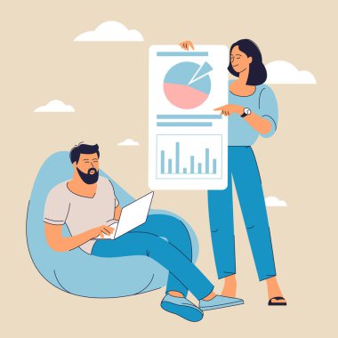 Ofis sahnesi. Yöneticiler iş konularını tartışıyor, müzakere, beyin fırtınası, birbirleriyle konuşma, ofiste çalışma. Düz tasarım takım çalışması vektörü kavramı.