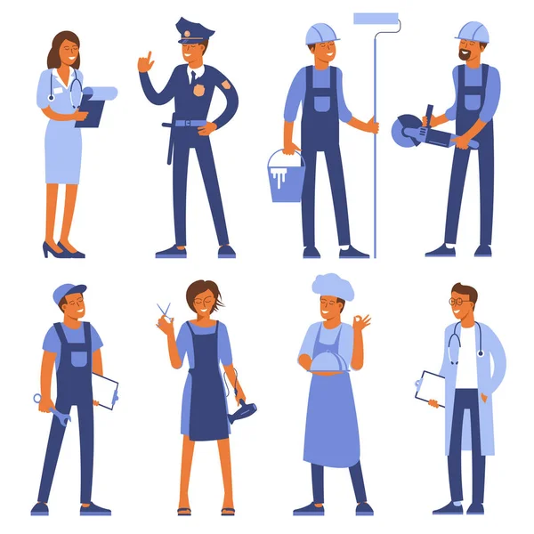 People Who Working Illustration Busy Characters Professions Flat Vector Characters — Stock Vector
