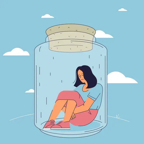 困顿或困顿 金属问题 焦虑或抑郁 孤独或孤独 忧郁的女人把自己锁在玻璃瓶里 心理健康固定载体概念 — 图库矢量图片