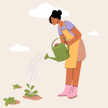 İnsanlar bahçeyle uğraşıyor. Bahar bahçıvanı konsepti. Bahçeye çiçek eken bir kadın. Düz vektör karakterleri çizimi.