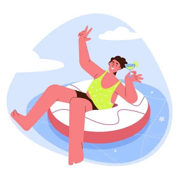 快乐的家伙在游泳池里的一个充气环的度假胜地漂浮着 手里拿着鸡尾酒 享受暑假 平面设计矢量卡通人物图解 免版税图库插图