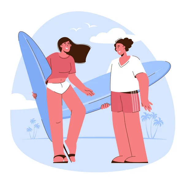 夏季海滩和水上运动 年轻夫妇拿着冲浪板冲浪 享受暑假 平面设计矢量卡通人物图解 免版税图库插图