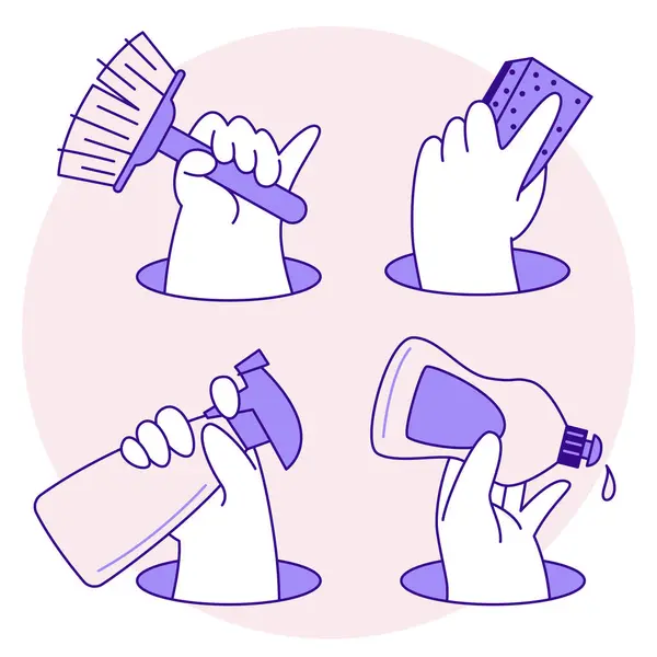 清洁服务图标 设计元素和符号 手戴橡胶手套 用刮胡刀 刷子和洗涤剂擦拭 卡通平面矢量插图 图库矢量图片