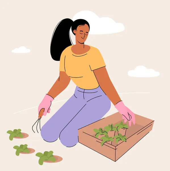 人们园艺 春天园艺的概念 女人种植花园花 平面矢量字符示例 免版税图库插图