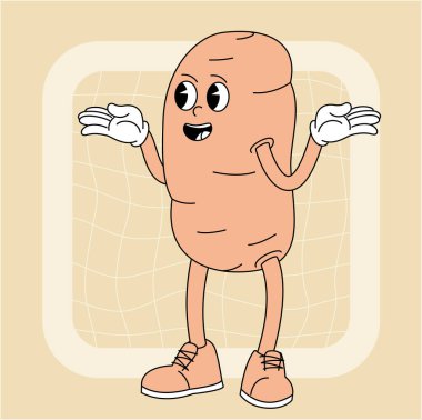 Klasik modası geçmiş patates karakteri. Poster ve çıkartma tasarımı için meyve ve sebze retro çizgi roman koleksiyonu. Retro karakter, 70 'ler hippi tarzı..