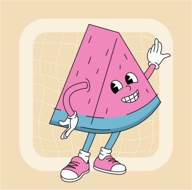 Eski moda karpuz karakteri. Poster ve çıkartma tasarımı için meyve ve sebze retro çizgi roman koleksiyonu. Retro karakter, 70 'ler hippi tarzı..