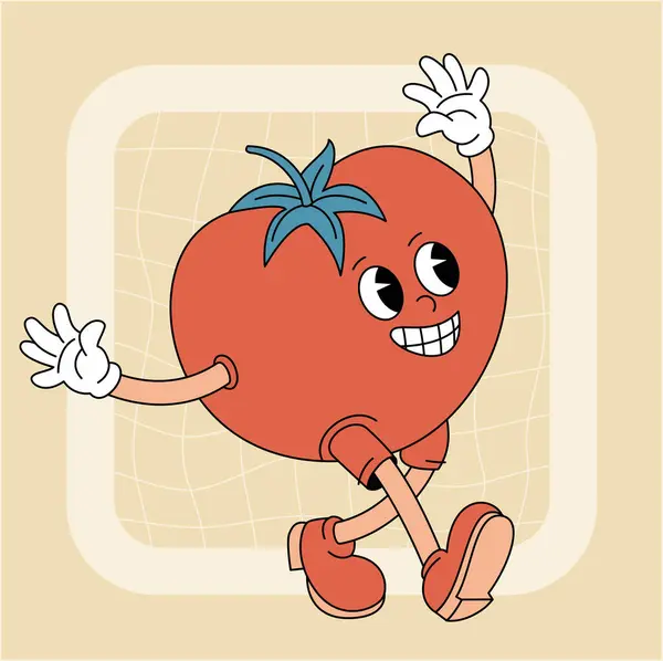 Vintage Groovy Tomato Character Fruits Vegetables Retro Comic Collection Poster Ліцензійні Стокові Вектори