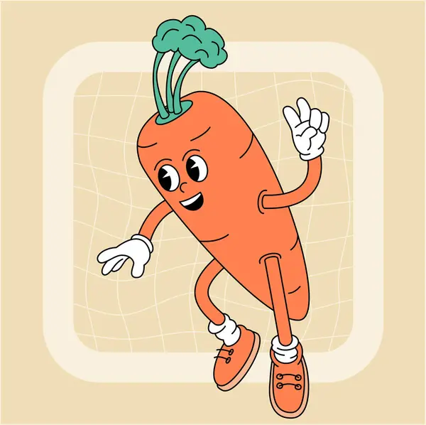 Vintage Carácter Zanahoria Groovy Colección Cómics Retro Frutas Verduras Para Ilustración De Stock