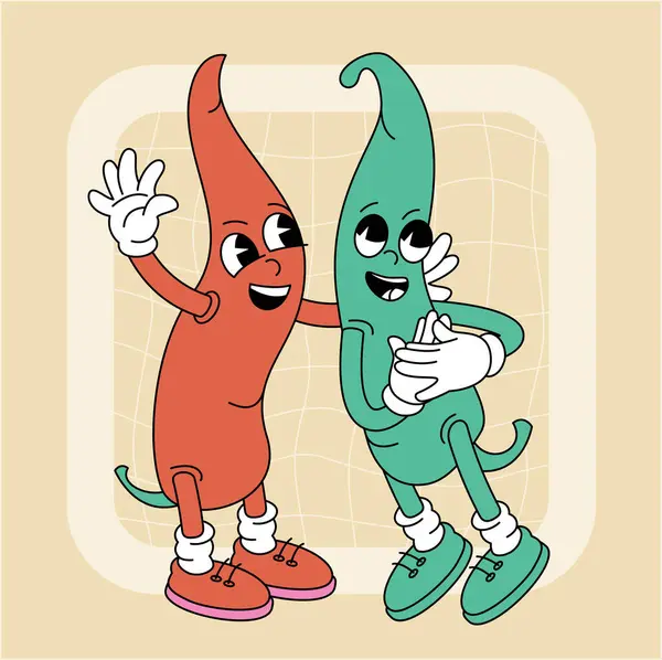 Vintage Groovy Hot Chili Pepper Character Fruits Vegetables Retro Comic Векторна Графіка