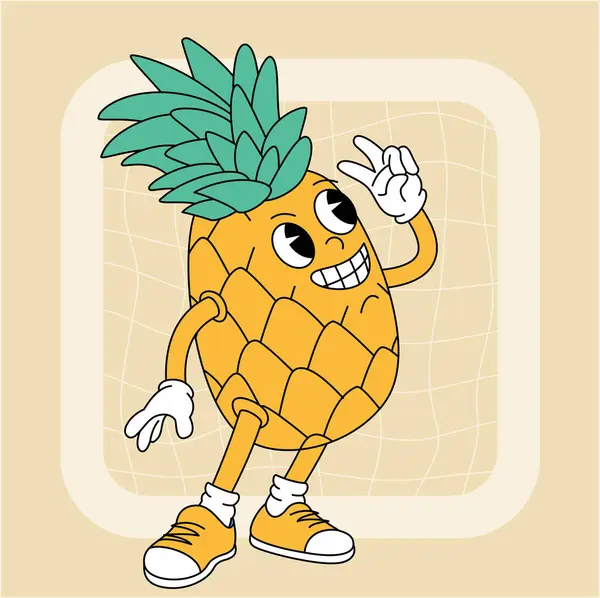 Ročník Groovy Ananas Charakter Ovoce Zelenina Retro Komiks Kolekce Pro Royalty Free Stock Vektory