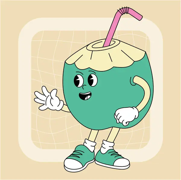 Ročník Groovy Zelený Kokosový Charakter Ovoce Zelenina Retro Komiks Kolekce Vektorová Grafika