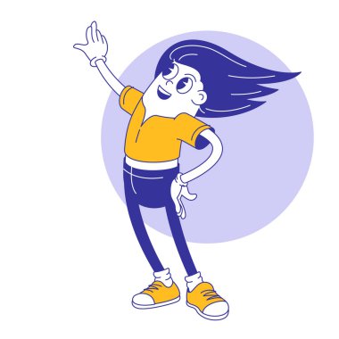 Çizgi film kızı hedefin başarısını kutluyor. Maskot, animasyon ve çıkartmalar için sevimli eski moda hippi illüstrasyonu. 70 'lerin modası geçmiş komik vektör karakterleri koleksiyonu.