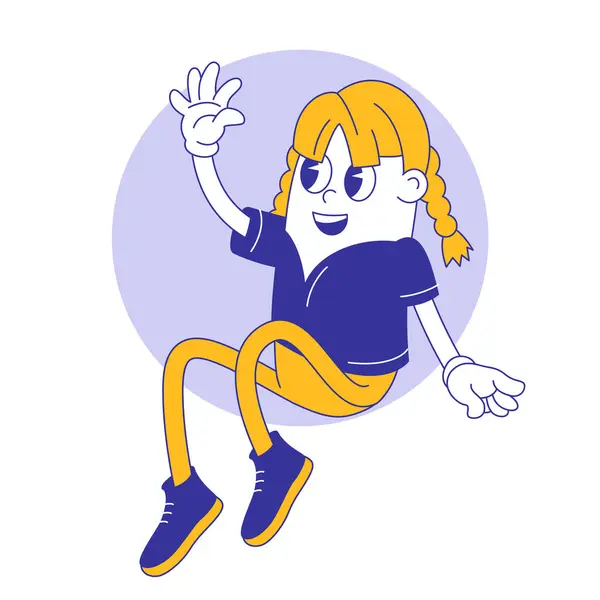 Cartoon Girl Character Showing Hello Gesture Cute Retro Groovy Hippie — Stock Vector