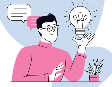 Parlak fikir, strateji planı ve iş çözümü konsepti. Çözümü olan zeki bir adam. Fikirler ampul metaforu. Yeni fikir kavramı, düşünme, yenilik, proje için yaratıcı fikir ve başlangıç.