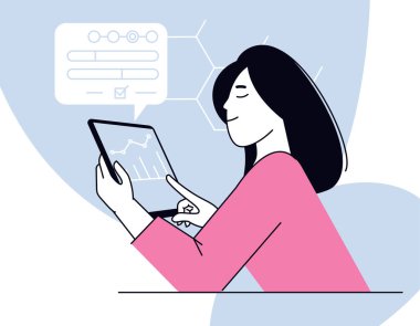 Çevrimiçi yönetim kavramı vektör illüstrasyonu. erp veya crm gösterge paneli servisi, sanal makine uygulaması, anahtar performansı, ölçüler ve kriterler ile çalışmak.