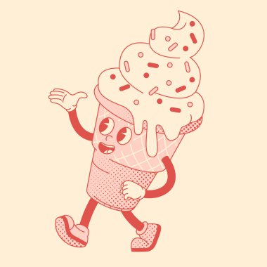 Dondurma çizgi filmi, çizgi roman karakteri, karalama tasarımı, logo komedi tarzı. Tebrik kartları, posterler, baskılar ve çıkartmalar için dekorasyon. Retro groovy düz biçim vektör çizimi.