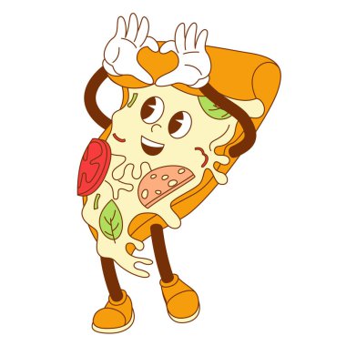 Pizza karikatürü çizgi roman karakteri, karalama tasarımı, logo komedi tarzı. Tebrik kartları, posterler, baskılar ve çıkartmalar için dekorasyon. Retro groovy düz stil ince çizgi ve raster vektör çizimi.