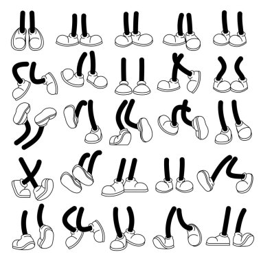 Manyak komik bacak vektörü seti. Çizgi film karakteri bacakları, çeşitli aktiviteler ve pozlar. Ayağa kalk, yürü, otur, koş, zıpla, öne, yana ve arkaya bak..