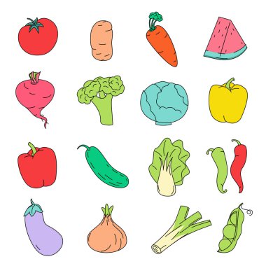 Sebze ve bitki ikonu koleksiyonu. Vejetaryen, sağlıklı beslenme ve mutfak tasarım elementleri. Restoran menüsü için vektör illüstrasyonu ayarlandı.